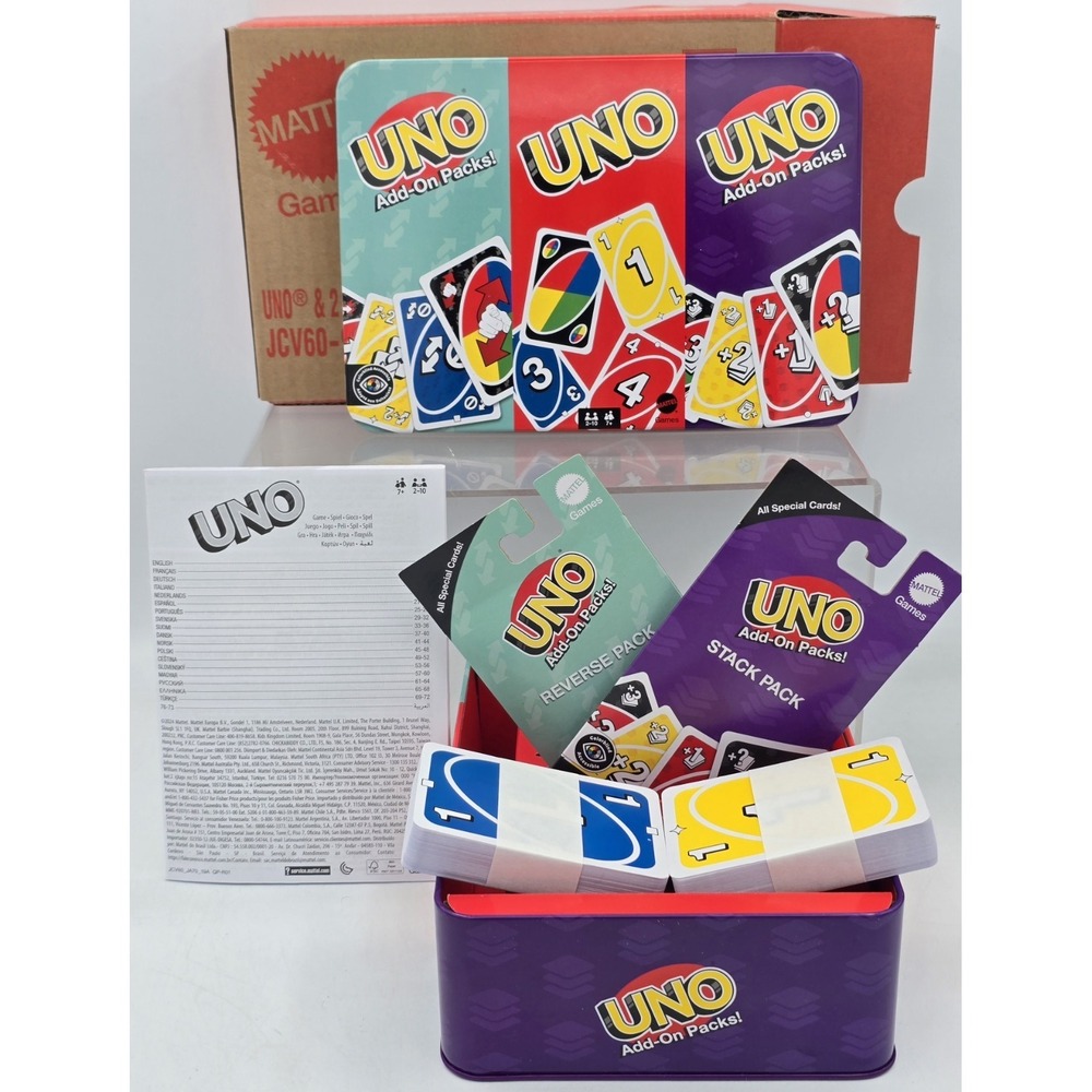 BRAND NEW Mattel Games UNO Card Game with 2 Add On Packs & Collectible Tin
